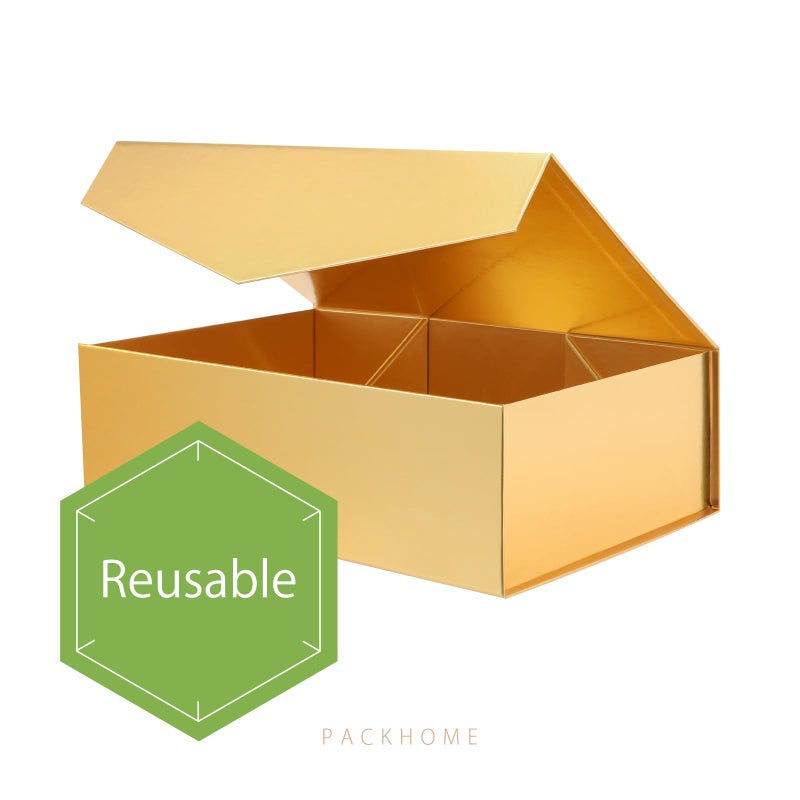 PACKHOME Large Gift Box with Lid 13.5x9x4.1 Inches, Sturdy Collapsible Gift Box with Magnetic Closure for Gift Packaging (Glossy Gold) - Image 3